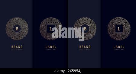Vektorsatz von runden Art-Deco-Logos mit Buchstabe innen. Goldenes Weinetikett, luxuriöser Rahmen, Paketvorlage, vip-Geschenk, Schmuckprodukt. Linie Stock Vektor