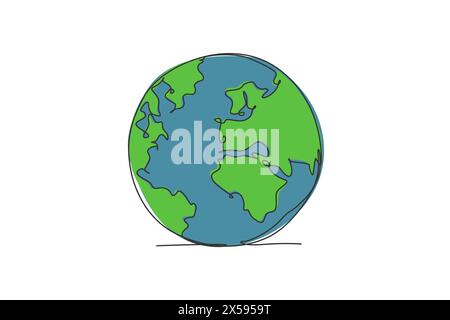 Eine einzige einzeilige Zeichnung der Erde mit rundem Globus. Die Silhouette der „Earth Icon“ für das Bildungskonzept. Infographische Darstellung der Geographie des Gebiets, isoliert auf wh Stock Vektor