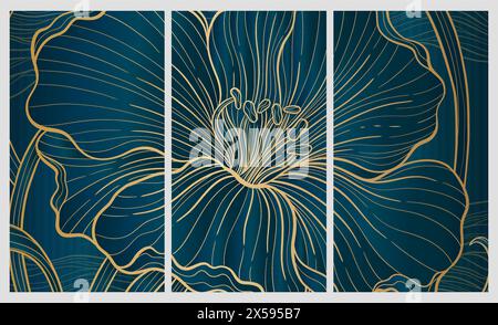Elegante, prestigeträchtige Art déco-Hintergrundschablone mit Blumen. Das luxuriöse Design ist ein Art déco-Motiv mit blauen und goldenen Farben. Stock Vektor