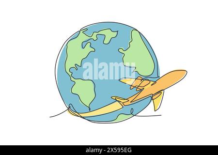 Das Flugzeug fliegt um die Erde. Grafik-Symbol der Weltkugel-Karte mit einer durchgehenden Linie. Einfache einzeilige Kritzelung für das Reisekonzept. Isolierter Vektor i Stock Vektor