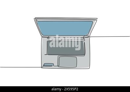 Eine einzige Zeilenzeichnung eines modernen Laptops für geschäftliche Unterstützung, Draufsicht. Elektrizität Kleingeräte für Heimbüros – Konzept. Dynamisches Co Stock Vektor