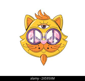 Cartoon groovige Hippie Katze Figur in 70er Jahre Retro Art, Vektor funky Gesicht. Groovige Katze in Sonnenbrille mit Friedenszeichen und drittem Auge im Kopf, Hippie-Art-Zeichentrickfilm der 70er Jahre in positiver Stimmung Stock Vektor