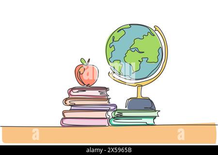 Erdkugel auf dem Schreibtisch. Durchgehende einzeilige Zeichnung von Büchern minimalistischer Vektor-Illustration Design auf weißem Hintergrund. Isolierte einfache moderne Liniendiagramme Stock Vektor