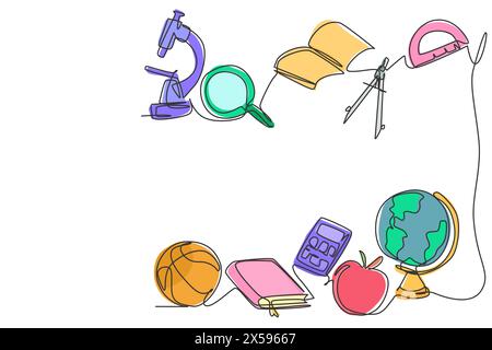Einzelne durchgehende Linienzeichnung von Schulgeräten wie Buch, Kugel, Lupe. Minimalistischer Back-to-School-Style. Bildungskonzept. Modern Stock Vektor