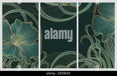 Elegante, prestigeträchtige Art déco-Hintergrundschablone mit Blumen. Das luxuriöse Design ist ein Art déco-Motiv mit grünen und goldenen Farben. Stock Vektor