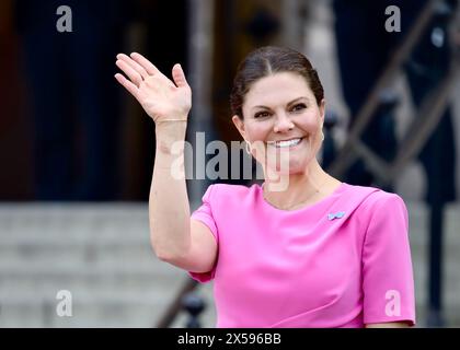 STOCKHOLM, SCHWEDEN - 7. MAI 2024: Die königliche Familie von Dänemark und Schweden besucht das Nordische Museum in Stockholm während eines Staatsbesuchs. Stockfoto