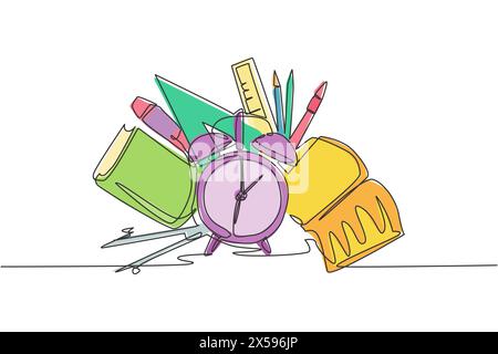 Einzelne durchgehende Zeilenzeichnung des Weckers mit Buch, Bleistift, Stift, Lineal, Kompasssatz. Minimalistischer Back-to-School-Style. Bildungskonzept. Modern o Stock Vektor