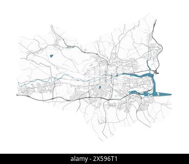 Karte von Cork, Irland. Detaillierte Stadtvektorkarte, Metropolregion mit Grenze. Straßenkarte mit Straßen und Wasser. Stock Vektor