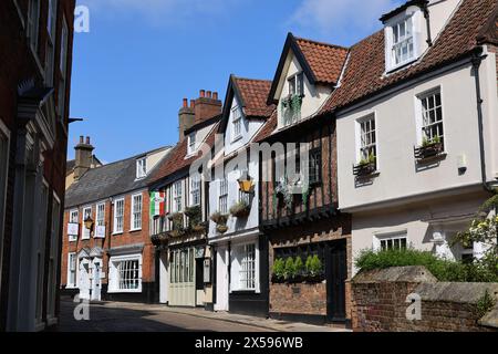 Historische Princes Street in der Nähe von Elm Hill, Kopfsteinpflaster Lane, Norwich, Norfolk, England Stockfoto