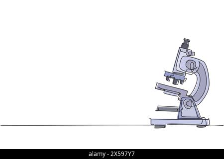 Eine einzige einzeilige Zeichnung des Labormikroskops zur Vergrößerung der Bakteriengröße unter der Linse. Zurück zur Schule minimalistisches Bildungskonzept. Kontinuierliches einfaches lin Stock Vektor
