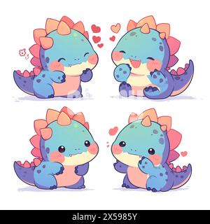 Kleine Dinosaurier rot blau und lila Zeichen Set Emotes Aufkleber niedliche Kawaii entzückende Kinder Kinder Pastellfarben Logo Emoji Stockfoto