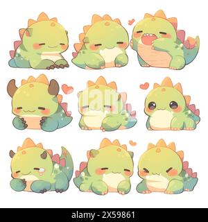 Kleiner Drache Dino grün Set Emotes Aufkleber niedliche Kawaii entzückende Kinder Kinder Pastellfarben Logo Emoji Stockfoto