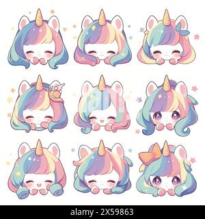 Einhorn Chibi Regenbogen Haarfarbe Set Emotes Aufkleber niedliche Kawaii entzückende Kinder Kinder Pastellfarben Logo Emoji Stockfoto