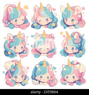 Einhorn Mädchen Pastellfarben Regenbogenfarben Haar Set Emotes Aufkleber niedliche Kawaii entzückende Kinder Kinder Pastellfarben Logo Emoji Stockfoto