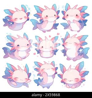 Axolotl Illustration Set von 9 Emotes Aufkleber niedliche Kawaii entzückende Kinder Kinder Pastellfarben Logo Emoji Stockfoto