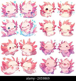 Lustiger Axolotl Charakter in verschiedenen Posen Set Emotes Aufkleber niedliche Kawaii entzückende Kinder Kinder Pastellfarben Logo Emoji Stockfoto