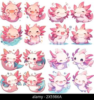 Lustiges Set von Axolotl in verschiedenen Posen Emotes Aufkleber niedliche Kawaii entzückende Kinder Kinder Pastellfarben Logo Emoji Stockfoto