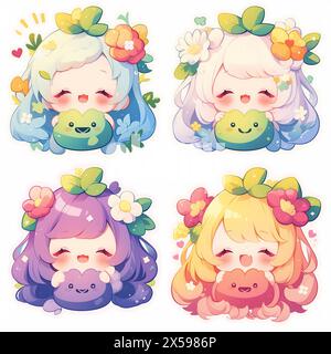 Fruchtige Mädchen Anime Set Emotes Aufkleber niedliche Kawaii entzückende Kinder Kinder Pastellfarben Logo Emoji Stockfoto