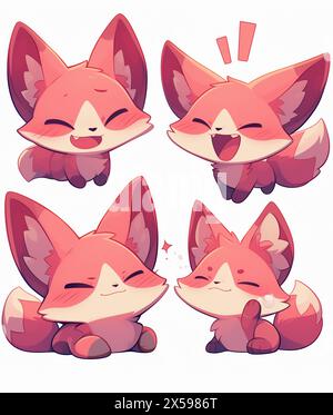 fox-Charakterdesign-Set Emotes Aufkleber niedliche Kawaii entzückende Kinder Kinder Pastellfarben Logo Emoji Stockfoto