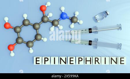 3D-Darstellung von Epinephrin oder Adrenalinmolekül und Epinephrin an den Wortblöcken Stockfoto