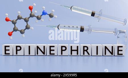 3D-Darstellung von Epinephrin oder Adrenalinmolekül und Epinephrin an den Wortblöcken Stockfoto