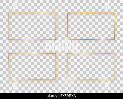 Set mit vier goldglänzenden rechteckigen 16x9-Rahmen mit leuchtenden Effekten und Schatten auf transparentem Hintergrund. Vektorabbildung Stock Vektor