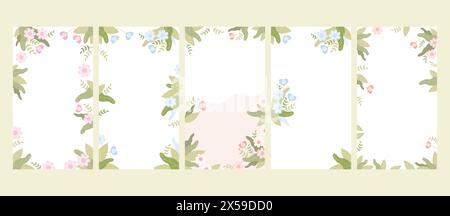 Bannerkollektion mit Blumenmuster. Blaue und rosa Blumen und Blätter auf weißem Hintergrund. Vertikale, isolierte Poster. Vektor-Illustration in flachem Cartoon-Stil Stock Vektor