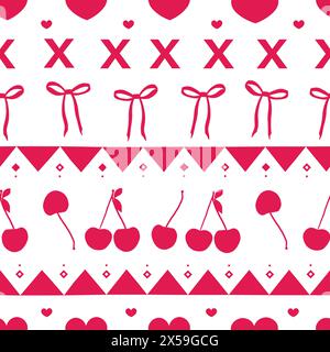 Kirschen, Herz, Schleifen, rotes nahtloses Stoffmuster im Vintage-Design Stock Vektor