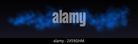 Blaue Rauchwolken, Dampf oder Dunst isoliert auf schwarzem, abstraktem Rauchüberzug. Stock Vektor