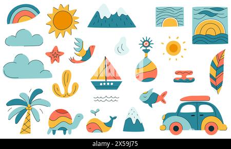 Eine Reihe von farbenfrohen Elementen und Symbolen für Sommerreisen und Urlaub. Sonnenuntergang, Tiere, Natur. Einfache handgezeichnete verspielte Illustration isoliert auf weiß Stock Vektor