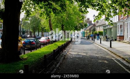 Ein sonniger Tag auf der von Bäumen gesäumten High Street, Norton auf Tees, England, Großbritannien Stockfoto