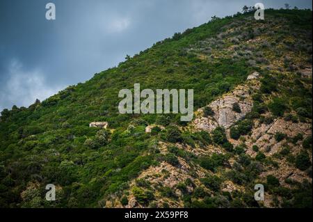 Magie von Ligurien. Zeitlose Bilder. Antike Abtei von San Fruttuoso, Bucht und historisches Gebäude, das von der FAI bewacht wird. Italienischer Umweltfonds. Stockfoto