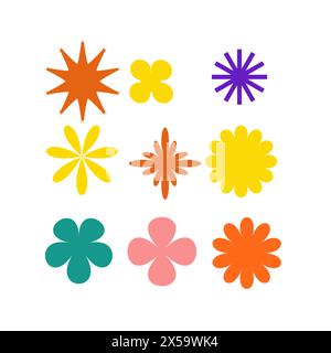 Set mit Stickern mit naiven, verspielten abstrakten Formen. Kreis, Oval, Rechteck, gewölbt im trendigen Retro-Stil. Ästhetische Hintergründe des Brutalismus. Vec Stock Vektor