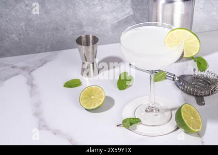 Gimlet Zitrusalkohol Cocktail. Süß-saures alkoholhaltiges Getränk, mit Gin oder Wodka und Limettengarnitur, auf hellgrau mit hartem Licht und Bar-Uteni Stockfoto