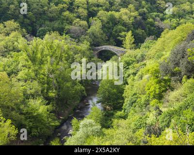 Blick von der Spitze der Fra Cirillo Brücke über den Traponzo Fluss. Wir befinden uns in einem wunderschönen Teil der Toskana in der Provinz Viterbo, Mittelitalien. Stockfoto