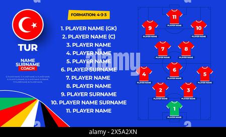 Die türkei Football-Mannschaft beginnt in der Formation. 2024 Fußballmannschaft auf abgelegter Fußball-Grafik für Fußballanfänger. Vektorabbildung. Stock Vektor