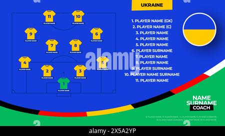 Die ukrainische Fußballmannschaft beginnt in der Formation. 2024 Fußballmannschaft auf abgelegter Fußball-Grafik für Fußballanfänger. Vektorabbildung. Stock Vektor