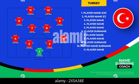 Die türkei Football-Mannschaft beginnt in der Formation. 2024 Fußballmannschaft auf abgelegter Fußball-Grafik für Fußballanfänger. Vektorabbildung. Stock Vektor
