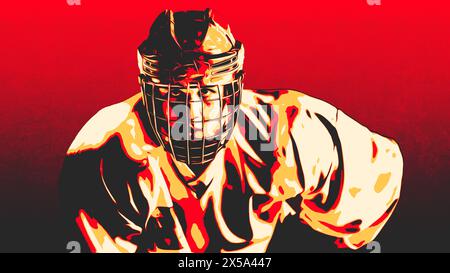 Konzept eines roten Duotone-Stilfotoposters: Porträt eines selbstbewussten Hockeyspielers in Drahtkäfig-Gesichtsmaske, Blick auf die Kamera. Stockfoto