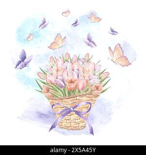 Tulpenblüten im Korb mit Bogen und fliegenden Schmetterlingen. Illustration mit Blumenaquarell. Isolierter, handgezeichneter Frühlingsstrauß. Vintage-Zeichnung Stockfoto