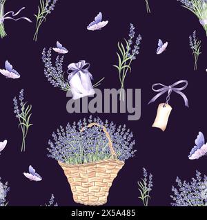 Lavendel- und Schmetterlingsmuster. Strauß purpurner Blüten in Korbkörben. Aquarell Hand gezeichneter Illustrationshintergrund mit Blumenplan Stockfoto