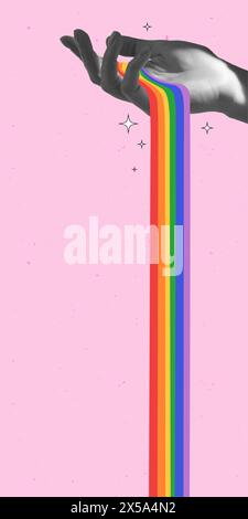 Farbenfrohe Regenbogenspritzer von der Hand, die die Botschaft der LGBTQ-Community von Inklusion und Liebe für alle vor rosafarbenem Hintergrund repräsentieren. Zeitgenössische Kunst Stock Vektor