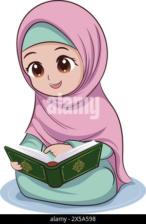Muslimisches Mädchen in muslimischer Hijab-Kleidung, rezitiert, liest Koran im Monat Ramadan Stock Vektor