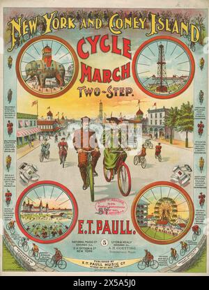 "New York and Coney Island Cycle March" Two Step von E.T. Paull. Cover-Artwork für amerikanische Vintage-Noten. Ca. 1900er Jahre Stockfoto