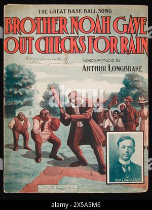 Brother Noah Gied Out Check for Rain, The Great Baseball Song von Arthur Longbrake. Cover-Artwork für amerikanische Vintage-Noten. Ca. 1900er Jahre Stockfoto