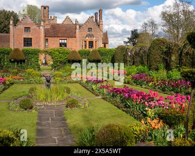 Chenies Manor House und Gärten auf dem Höhepunkt der Tulpensaison. Blauer Himmel und Wolken über dem Herrenhaus Tudor mit Blick auf den gepflegten versunkenen Garten. Stockfoto