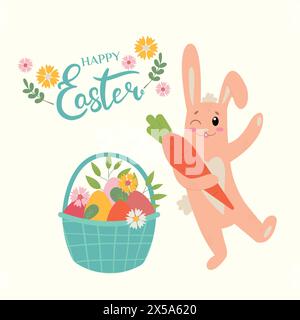 Happy Easter Banner, Poster, Grußkarte. Trendiges Osterdesign mit Schriftzug, Blumen, Eiern und Hase in Pastellfarben auf beigefarbenem Hintergrund. Stock Vektor