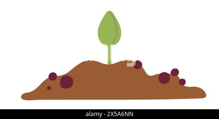 Haufen Boden mit kleinem grünen Spross, Haufen Boden. Vektorillustration isoliert auf weißem Hintergrund. Vektorabbildung. Gartenarbeit, Pflanzen. Cartoo Stock Vektor