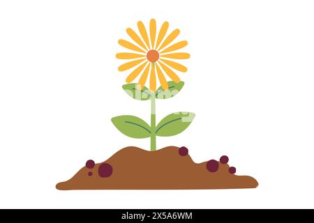 Haufen Boden mit kleiner gelb blühender Blume, Haufen Erde. Vektorillustration isoliert auf weißem Hintergrund. Vektorabbildung. Gartenarbeit, Planen Stock Vektor