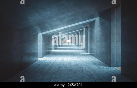 Abstrakte geometrische Sicht eines modernen, symmetrischen Betontunnels. 3D-Rendering Stockfoto